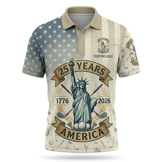 Front view of a vintage cream USA Liberty Statue 1776-2026 anniversary topographic golf polo shirt with custom player name option badge.