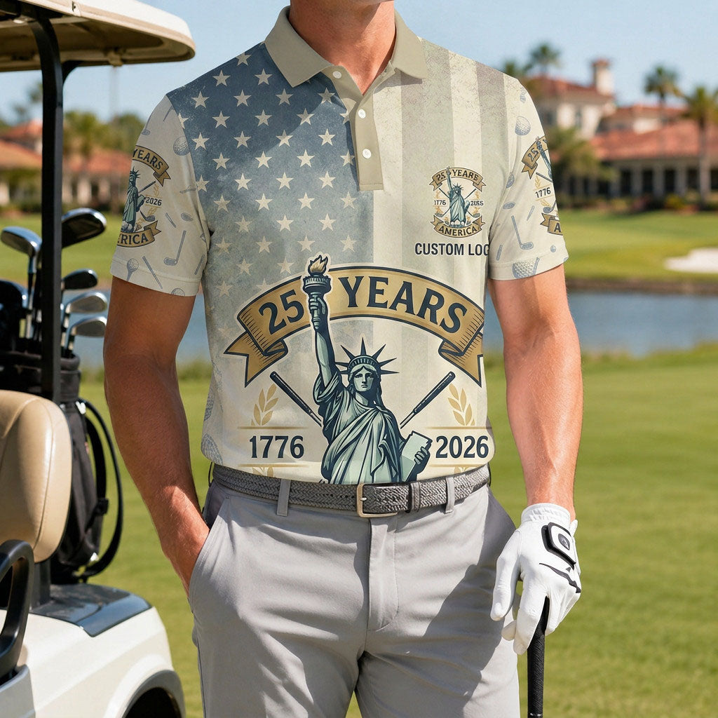 A male golfer wearing the customized USA Liberty Statue topo polo standing proudly on a premium country club fairway green.