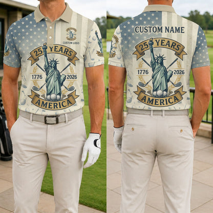 Front and back view of a personalized cream USA Liberty Statue polo shirt showing the custom name printing area on the back.
