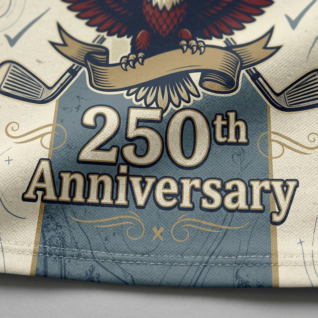 Close-up shot of the high-definition printed Statue of Liberty portrait, flying bald eagle crest, crossed clubs, and 250th Anniversary text.