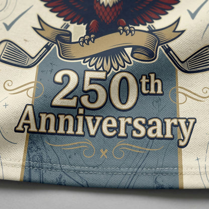 Close-up shot of the high-definition printed Statue of Liberty portrait, flying bald eagle crest, crossed clubs, and 250th Anniversary text.