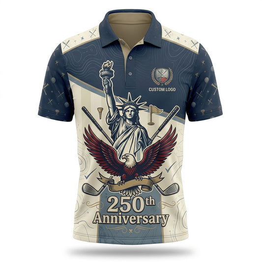 Front view of a navy and cream block USA Liberty Statue Eagle 250th Anniversary topographic golf polo shirt with custom player name option badge.