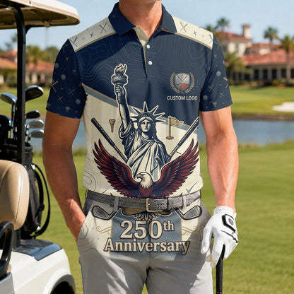 A male golfer wearing the customized USA Liberty Statue Eagle polo standing proudly on a premium country club fairway green.