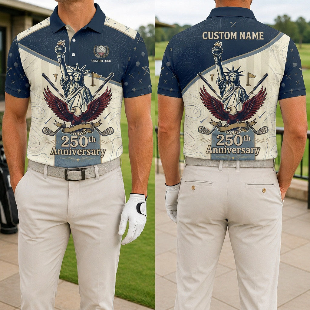 Front and back view of a personalized navy and cream USA Liberty Statue 250th polo showing the custom name printing area on the back.