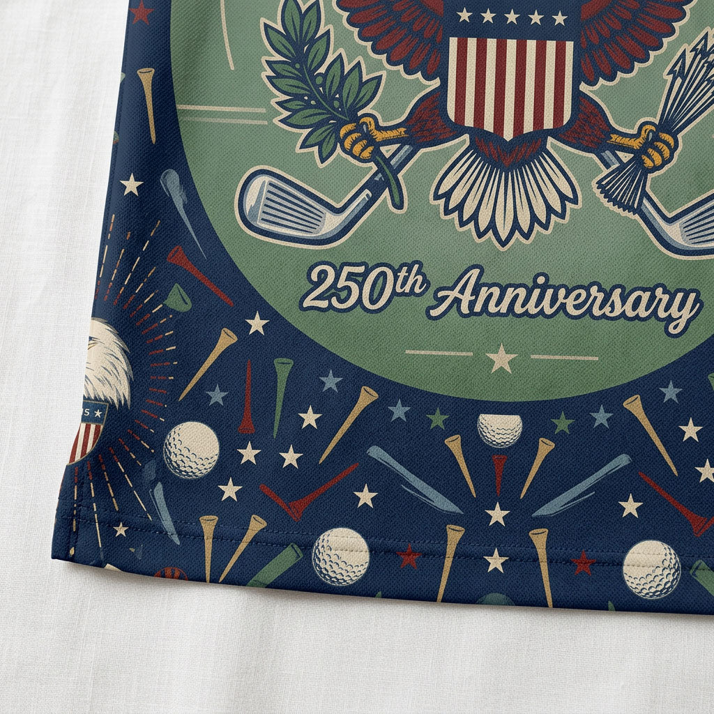 Close-up shot of the high-definition printed Statue of Liberty, bald eagle shield crest, crossed golf clubs, and patriotic doodle pattern.