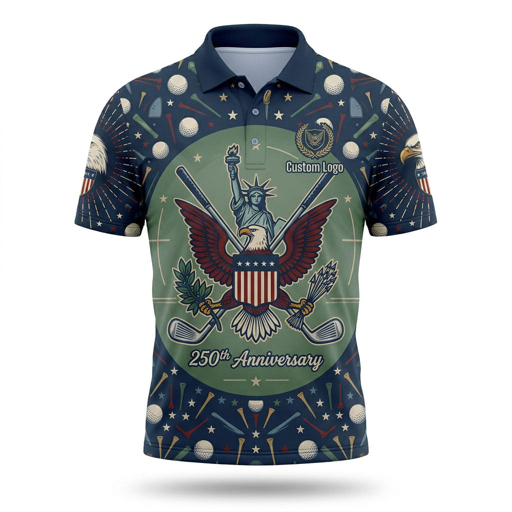 Front view of a navy and sage green block USA Liberty Statue with bald eagle crest golf polo shirt with custom player name option badge.