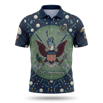 Front view of a navy and sage green block USA Liberty Statue with bald eagle crest golf polo shirt with custom player name option badge.
