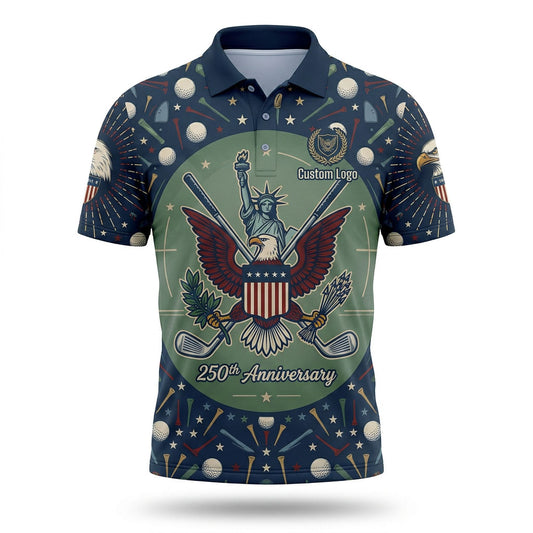 Front view of a navy and sage green block USA Liberty Statue with bald eagle crest golf polo shirt with custom player name option badge.