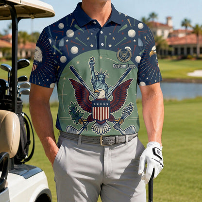 A male golfer wearing the customized USA Liberty Eagle emblem performance polo standing proudly on a premium country club fairway green.