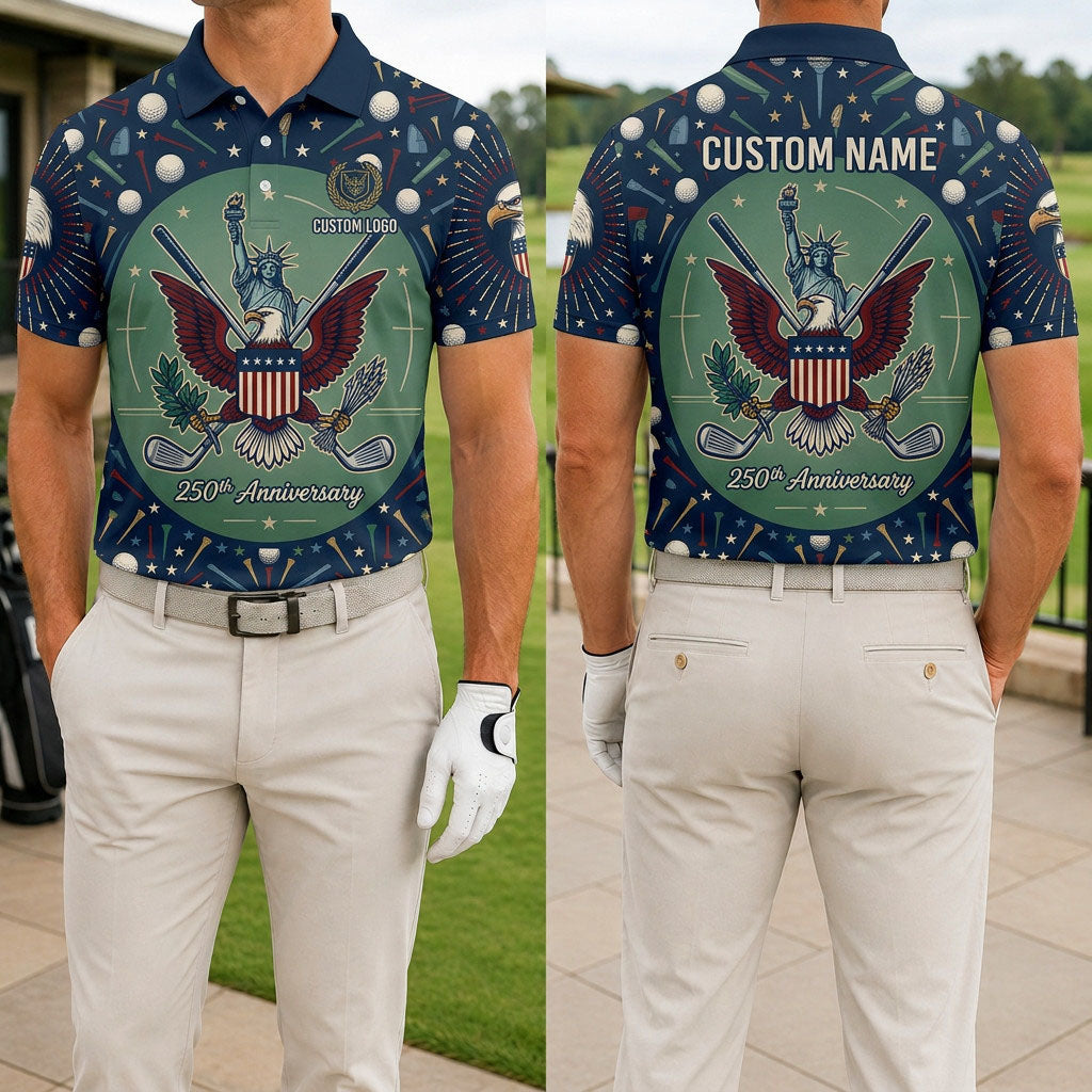 Front and back view of a personalized navy and green USA Liberty Eagle polo showing the custom name printing area on the back panel.