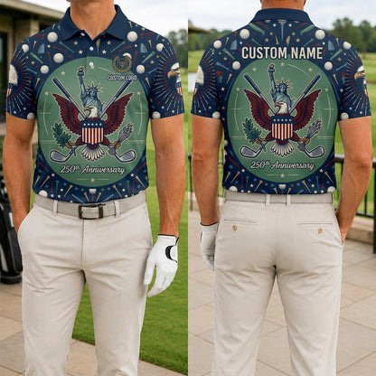Front and back view of a personalized navy and green USA Liberty Eagle polo showing the custom name printing area on the back panel.
