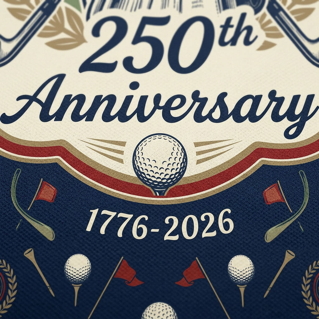 Close-up shot of the high-definition printed Statue of Liberty portrait, waving stars and stripes flag background, crossed clubs, and 250th text.