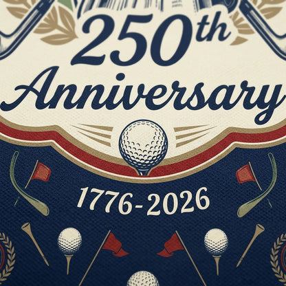 Close-up shot of the high-definition printed Statue of Liberty portrait, waving stars and stripes flag background, crossed clubs, and 250th text.