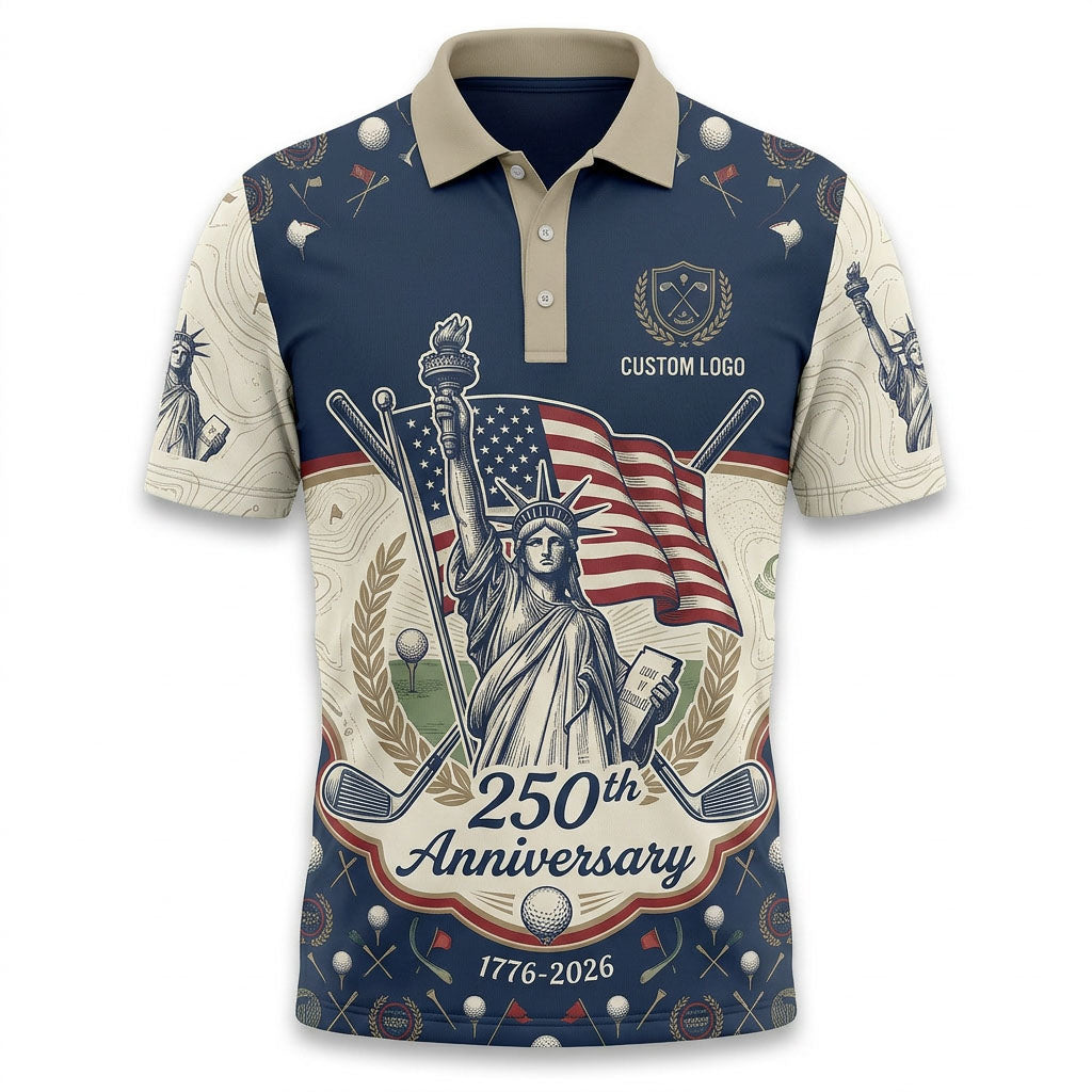 Front view of a navy and cream block USA Liberty Statue with waving flag 250th anniversary topo golf polo shirt with custom player name option badge.