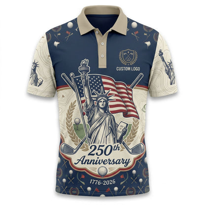 Front view of a navy and cream block USA Liberty Statue with waving flag 250th anniversary topo golf polo shirt with custom player name option badge.