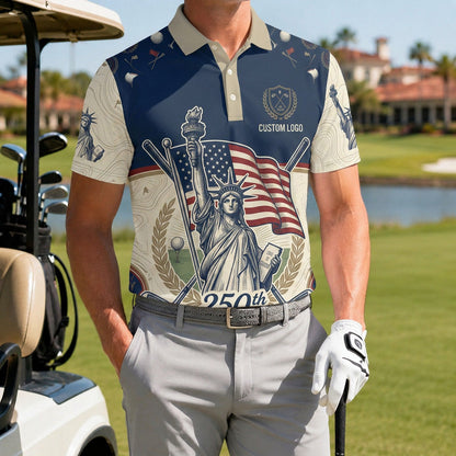 A male golfer wearing the customized USA Liberty Statue flag polo standing proudly on a premium country club fairway green.
