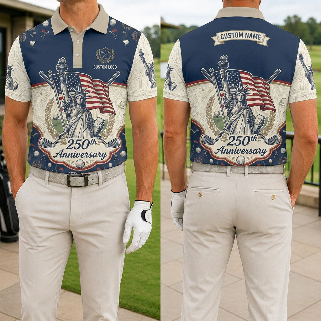 Front and back view of a personalized navy and cream USA Liberty Statue 250th polo showing the custom name printing area on the back.