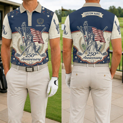 Front and back view of a personalized navy and cream USA Liberty Statue 250th polo showing the custom name printing area on the back.