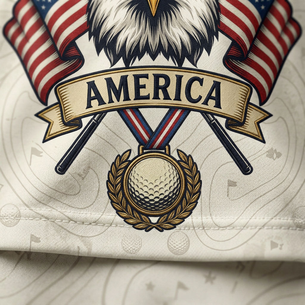 Close-up shot of the high-definition printed bald eagle military crest, crossed golf clubs, and 250th anniversary stars typography.