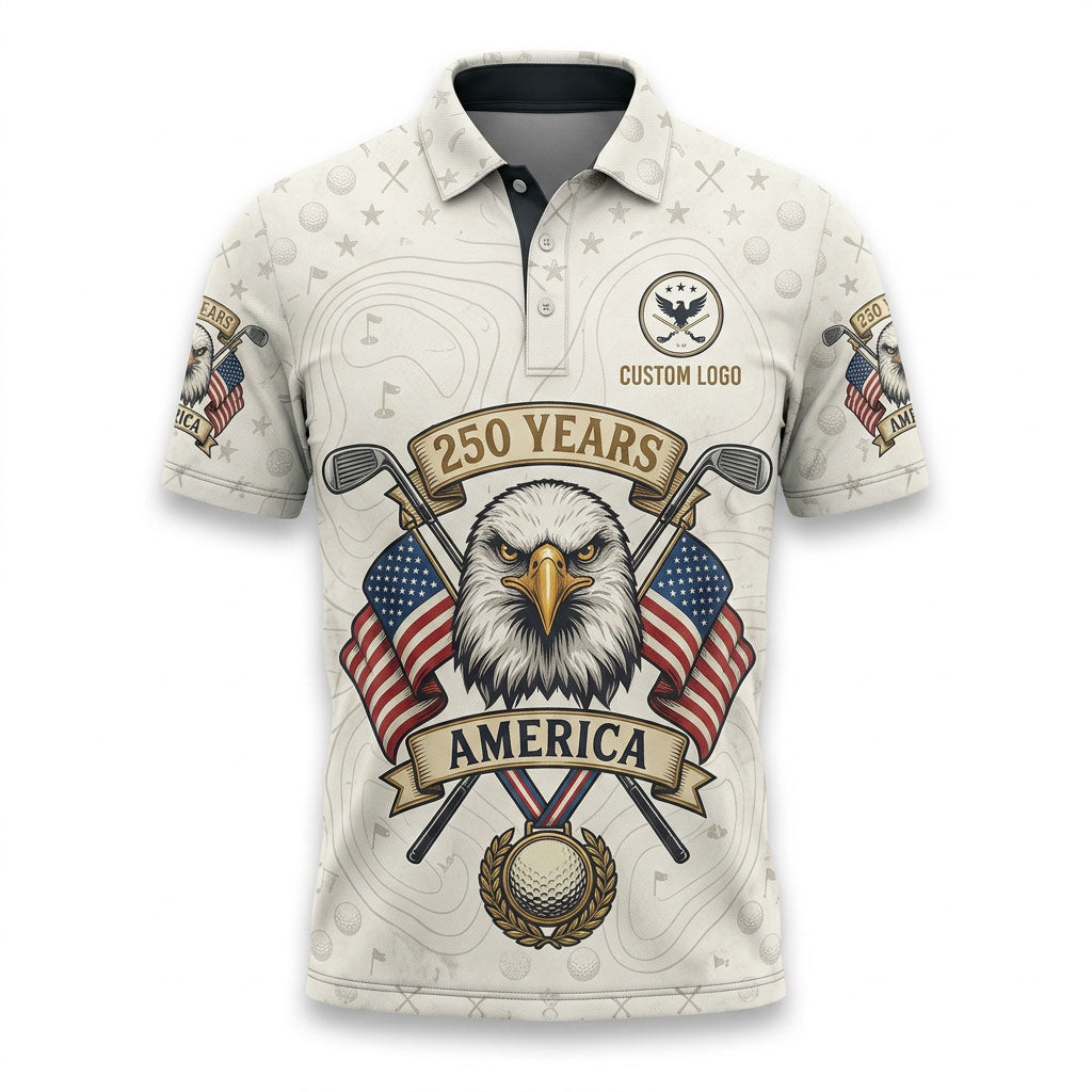 Front view of a vintage navy and flag red USA Old Glory Eagle 250th Anniversary golf polo shirt with custom player name option badge.