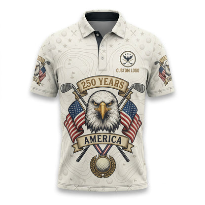 Front view of a vintage navy and flag red USA Old Glory Eagle 250th Anniversary golf polo shirt with custom player name option badge.