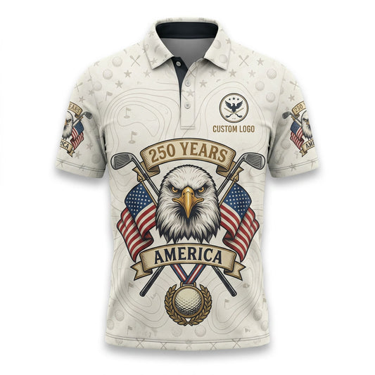 Front view of a vintage navy and flag red USA Old Glory Eagle 250th Anniversary golf polo shirt with custom player name option badge.