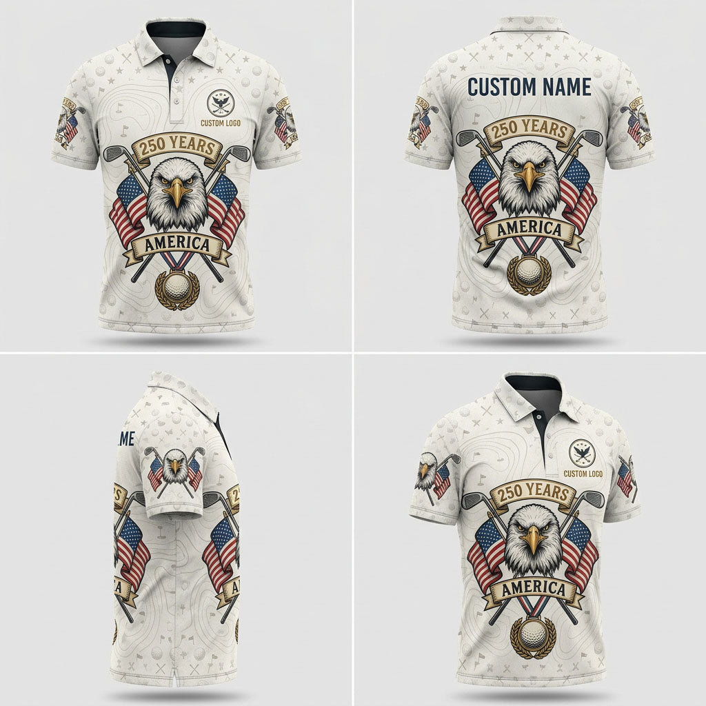 Multi-angle product display grid showcasing the patriotic grunge texture, specialized sleeve graphics, and athletic tailored polo fit.