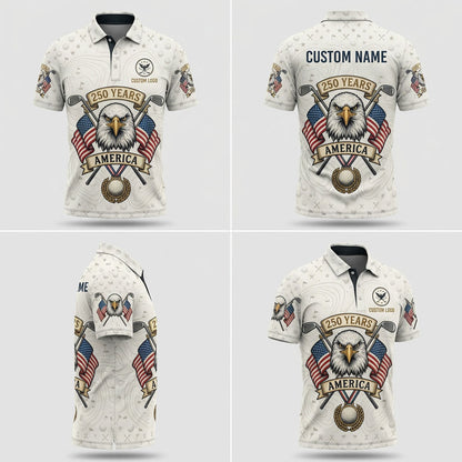 Multi-angle product display grid showcasing the patriotic grunge texture, specialized sleeve graphics, and athletic tailored polo fit.