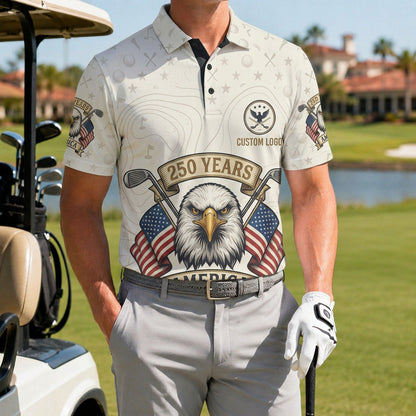 A male golfer wearing the customized USA Old Glory Eagle polo standing proudly on a premium country club fairway green.