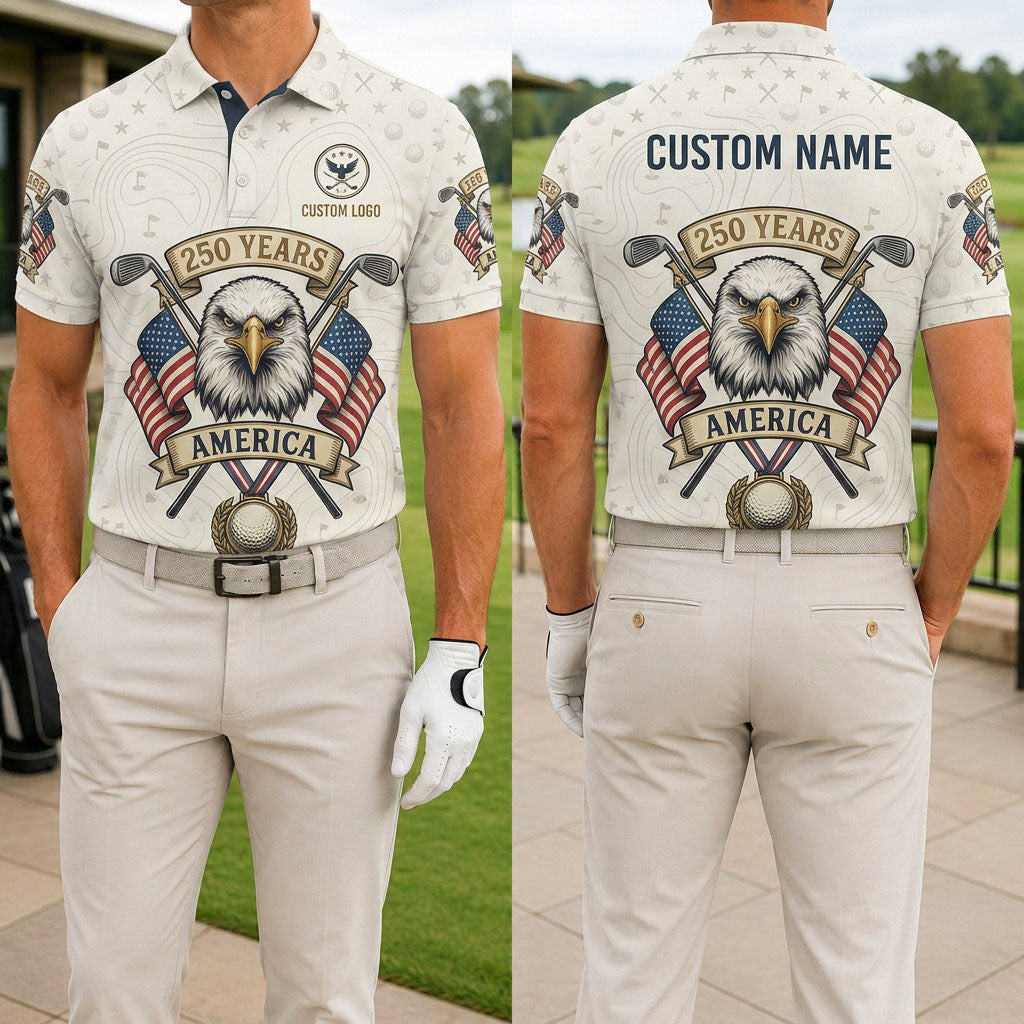 Front and back view of a personalized USA Old Glory Eagle 250th polo showing the custom name printing area on the upper back panel.