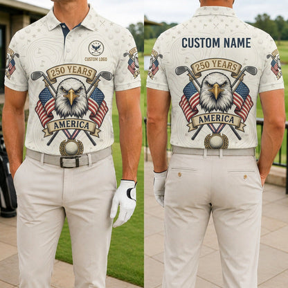 Front and back view of a personalized USA Old Glory Eagle 250th polo showing the custom name printing area on the upper back panel.