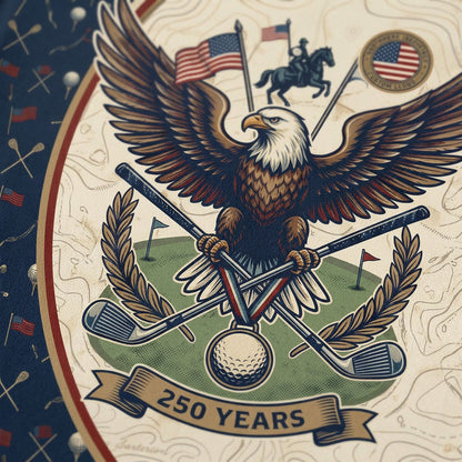 Close-up shot of the high-definition printed bald eagle crest, cavalry soldier on horseback, and vintage patriotic badge.