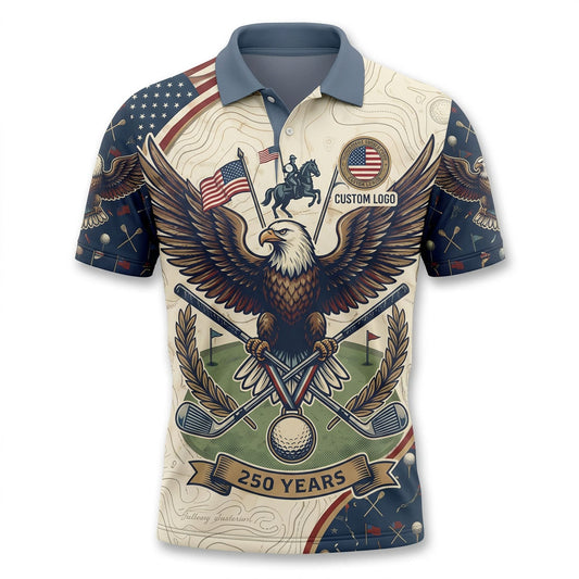 Front view of a cream and navy USA Patriot Cavalry Eagle topographic golf polo shirt with custom player name option badge