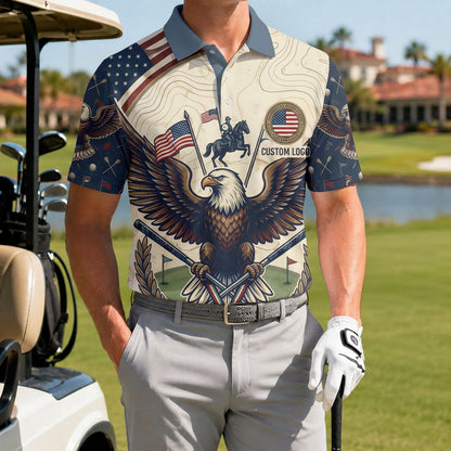 A male golfer wearing the customized USA Cavalry Eagle topo polo standing proudly on a premium country club fairway green.