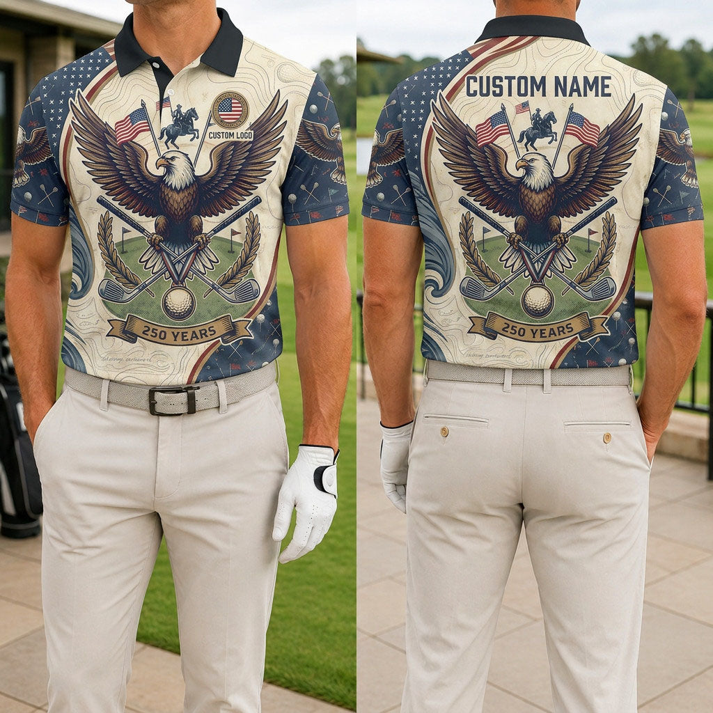 Front and back view of a personalized USA Cavalry Eagle topo polo shirt showing the custom name printing area on the back.