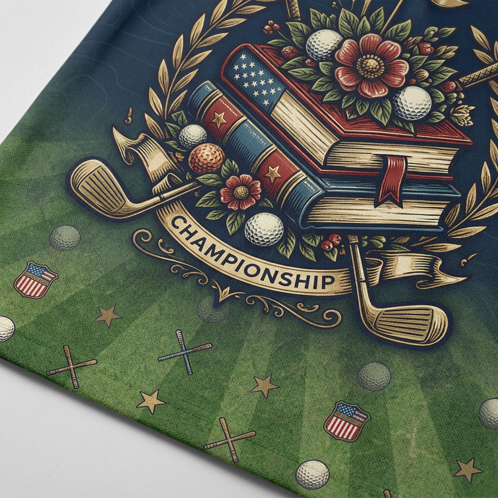 Close-up shot of the high-definition printed patriotic vintage books centerpiece, crossed golf clubs, championship banner, and 250 Years gold emblem.
