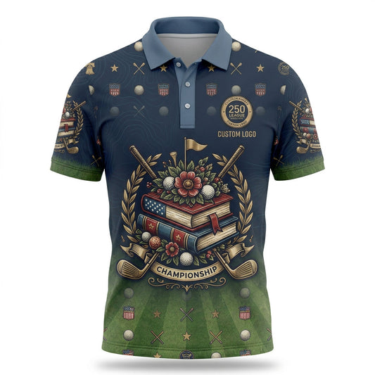 Front view of a deep navy vintage USA Patriotic Championship Books 250th Anniversary topographic golf polo shirt with custom player name option.