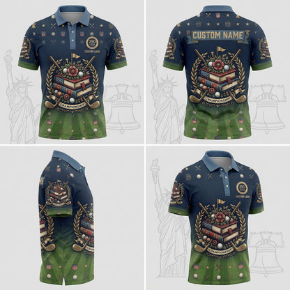 Multi-angle product display grid showcasing the navy topo backdrop, patriotic flag shields layout, green turf accents, and athletic tailored polo fit.