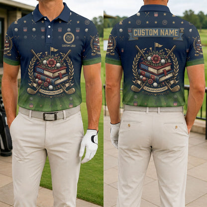 Front and back view of a personalized navy USA Championship Books 250th polo showing the custom name printing area on the back.