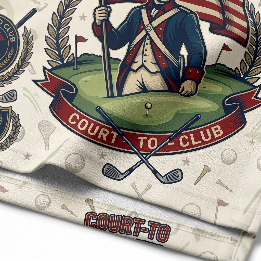Close-up shot of the high-definition printed patriotic soldier, waving Betsy Ross 13-stars flag, crossed golf clubs, and green placket details.