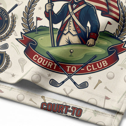 Close-up shot of the high-definition printed patriotic soldier, waving Betsy Ross 13-stars flag, crossed golf clubs, and green placket details.