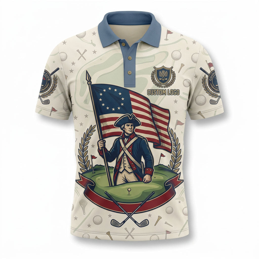 Front view of a vintage cream USA Revolutionary Patriot soldier holding an early American flag topographic golf polo shirt with custom name option.