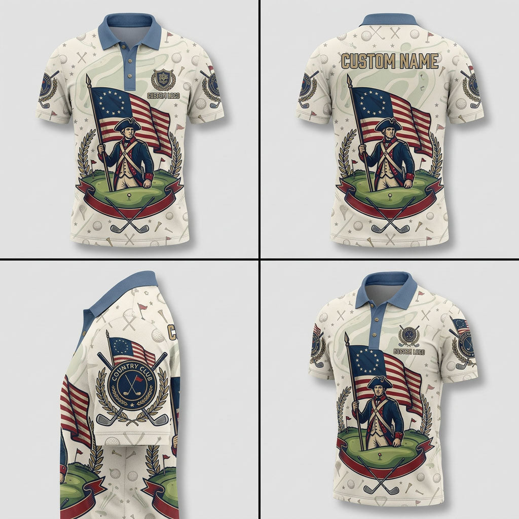 Multi-angle product display grid showcasing the cream topo backdrop, revolutionary war theme graphics, themed sleeve badges, and athletic tailored fit.