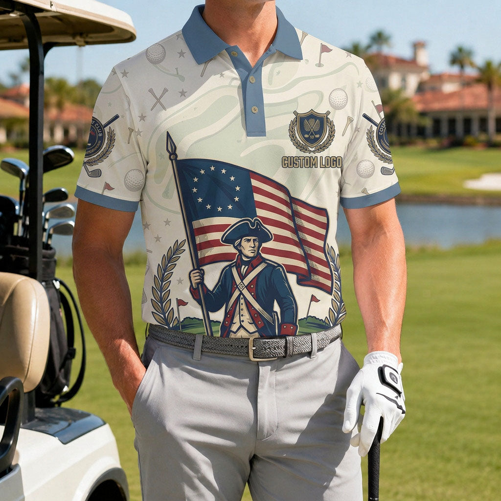 A male golfer wearing the customized cream USA Patriot Soldier performance polo standing proudly on a premium country club fairway green.