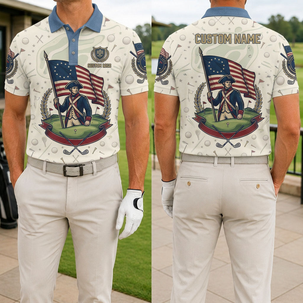 Front and back view of a personalized cream USA Minuteman soldier polo showing the custom name printing area on the back panel.