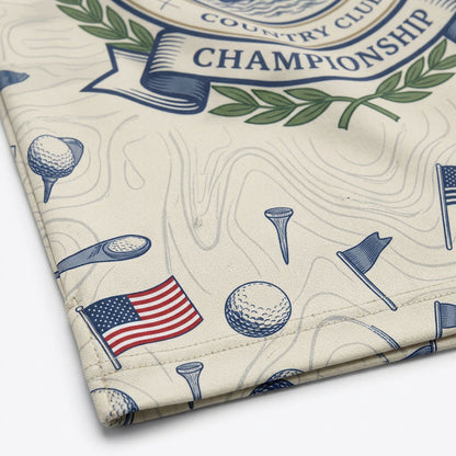 Close-up shot of the high-definition printed colonial sailing ship, laurel wreath, and 1776-2026 Country Club Championship crest.