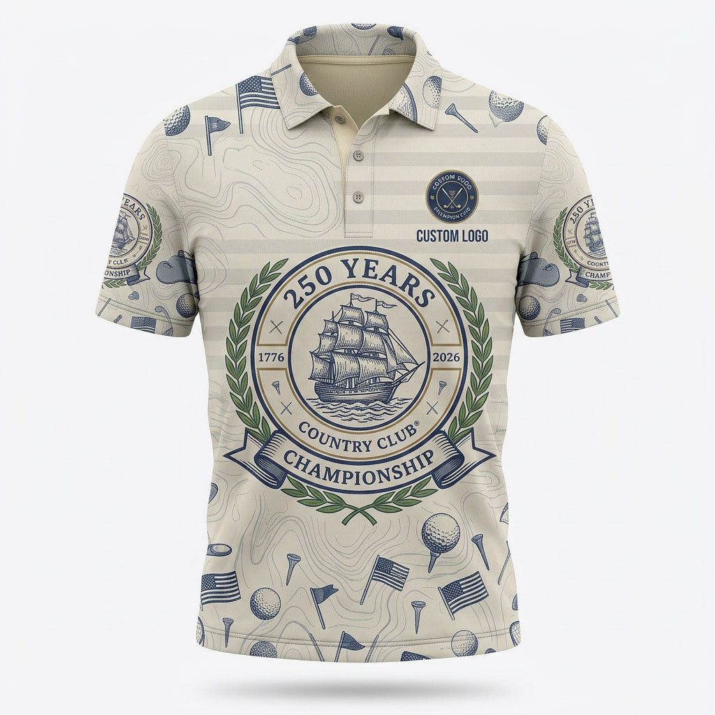 Front view of a vintage cream USA Tall Ship 250 Years Country Club Championship golf polo shirt with custom player name option badge.