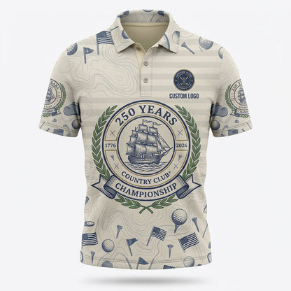 Front view of a vintage cream USA Tall Ship 250 Years Country Club Championship golf polo shirt with custom player name option badge.