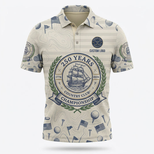 Front view of a vintage cream USA Tall Ship 250 Years Country Club Championship golf polo shirt with custom player name option badge.