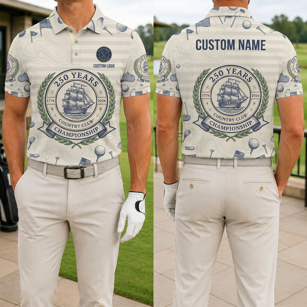 Front and back view of a personalized USA Sailing Ship 250 Years polo showing the custom name printing area on the back.